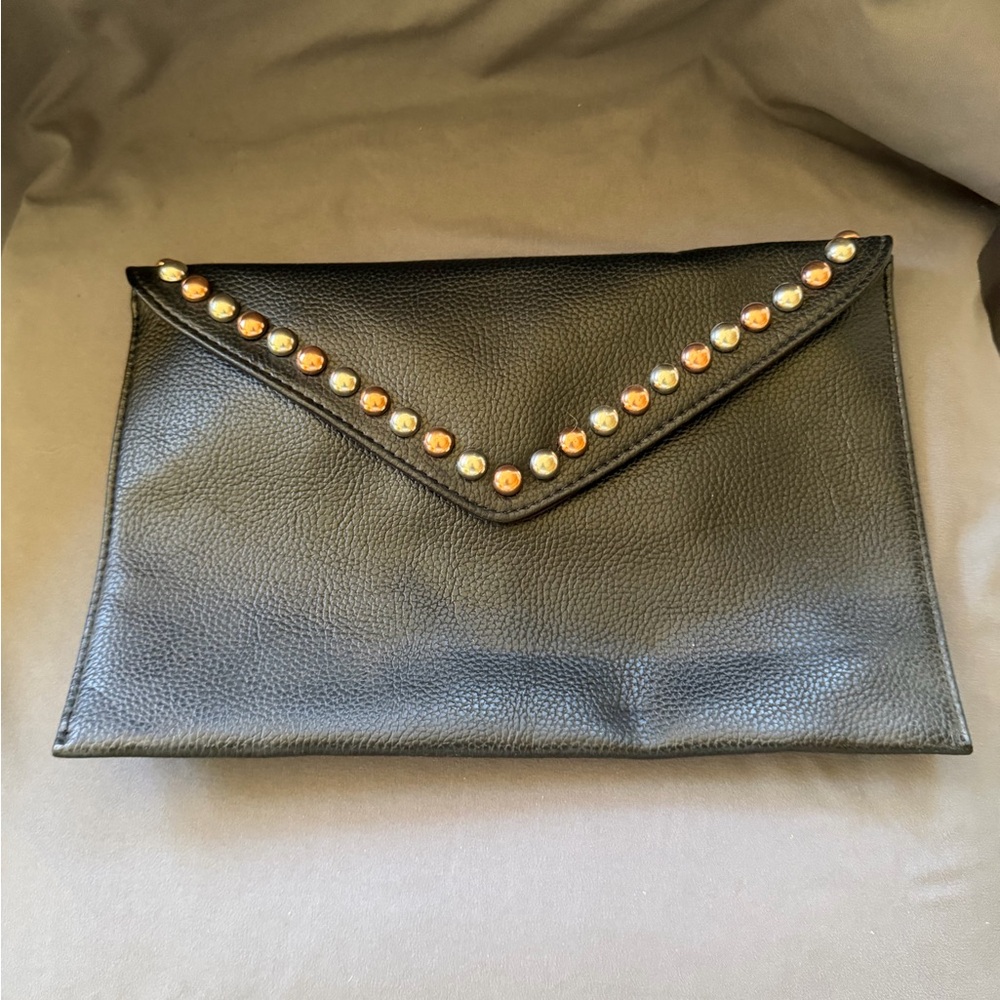 B-Low the Belt Black Pebbled Envelope Clutch with Gold Studs